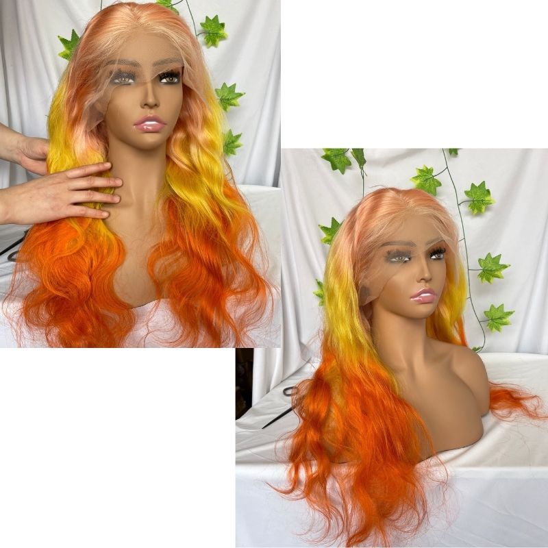 Body Wave Ombre Pink Yellow Orangered Human Virgin Hair Pre Plucked Lace Front Wig For Black Woman Lace Front Wig Brazilian Remy Human Straight Hair - Image 3