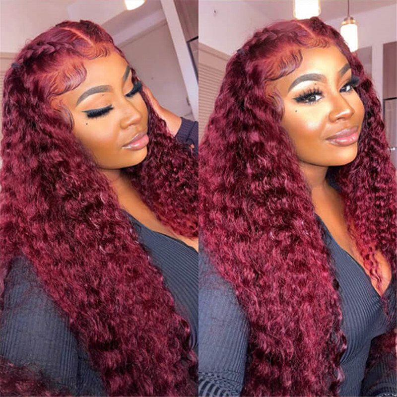 Deep Wave 13X4 Hd Lace Front Wigs Burgundy 99J Color Human Hair Wigs With Pre-Plucked Hairline - Image 2
