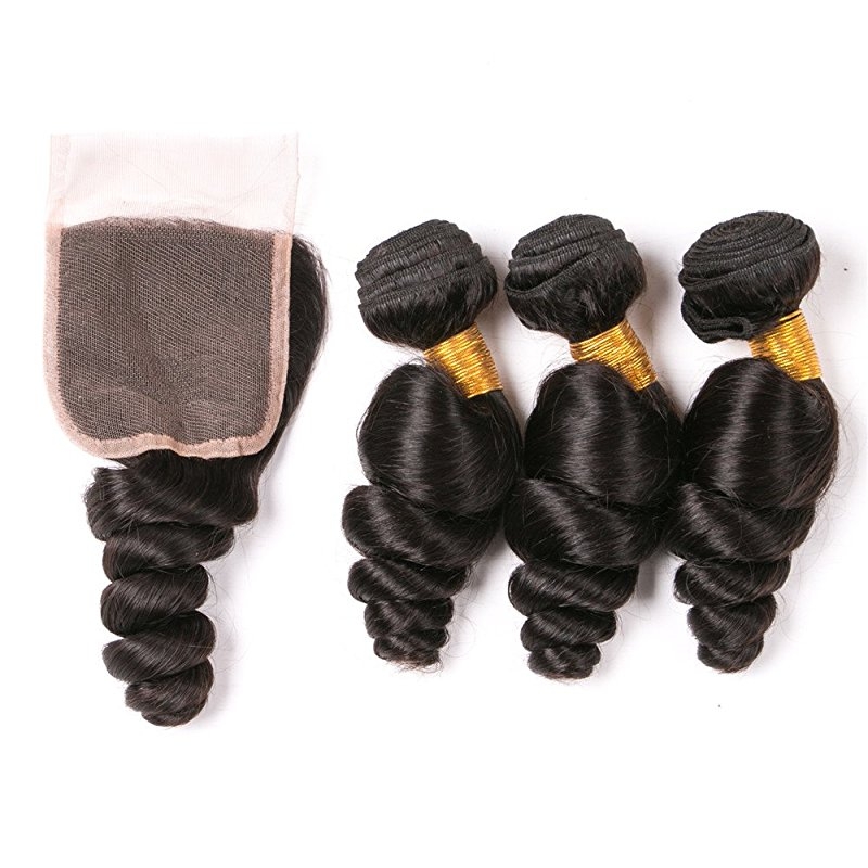 Lace Closure With 4x4 Free Part and 3 Bundles Loose Wave Natural Color Human Hair Unprocessed HairWeaves - Image 4
