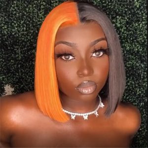 Human Hair Half Orange Half Black Lace Front Bob Wig