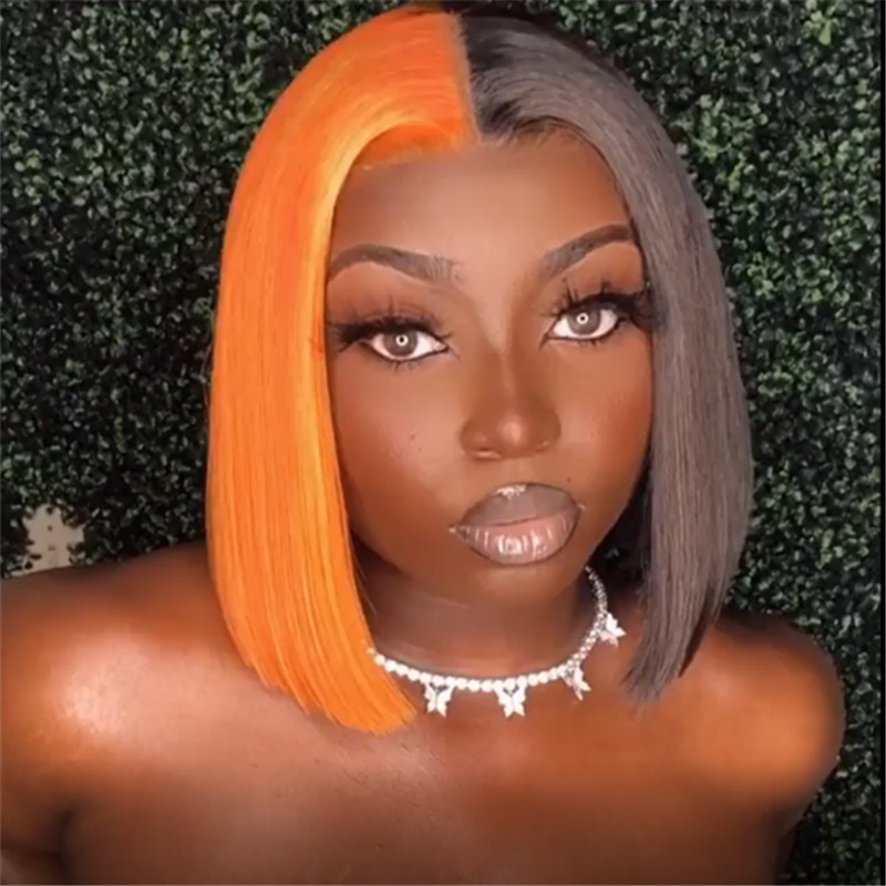 Human Hair Half Orange Half Black Lace Front Bob Wig