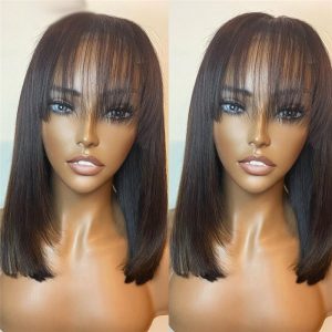 13x4 Short Bob Lace Front Human Hair Wigs With Bangs Brazilian Remy Hair Closure Wig With Bangs Bob Frontal Wigs For Women 150% - Image 2