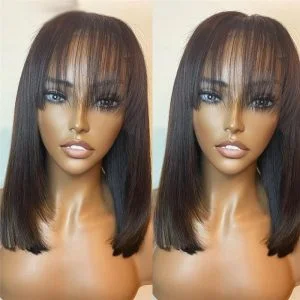 Alternative view of 13x4 Short Bob Lace Front Human Hair Wigs With Bangs Brazilian Remy Hair Closure Wig With Bangs Bob Frontal Wigs For Women 150%
