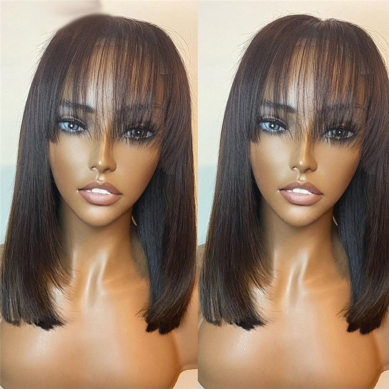 13x4 Short Bob Lace Front Human Hair Wigs With Bangs Brazilian Remy Hair Closure Wig With Bangs Bob Frontal Wigs For Women 150% - Image 2