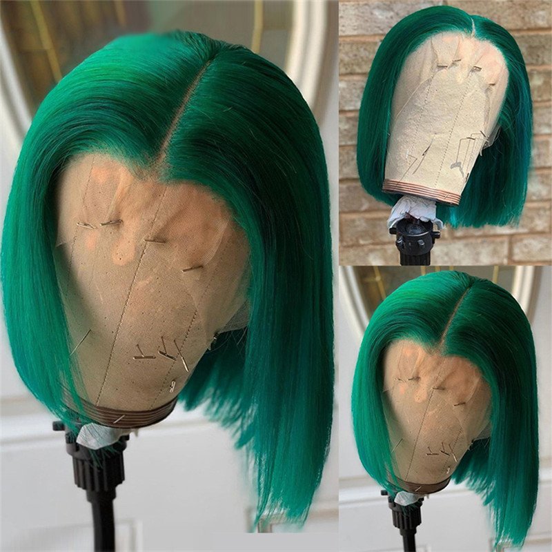 Dark Green Bob Lace Front Wigs Peruvian Remy Hair Transparent Short Bob Human Hair Wigs Bleached Knots Bob Part Lace Wig 150% - Image 5
