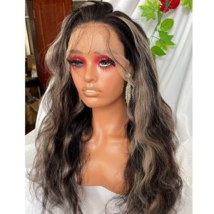 Alternative view of Ombre Plantium Blonde Black Body Wave Human Hair Wig  Lace Front Human Hair Wigs  Remy Preplucked Grey Colored Lace Front Wigs