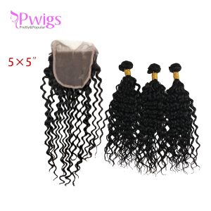 Alternative view of Curly 5x5 Lace Closure Unprocessed Brazilian Human Hair With Bundles Free Part for Black Women Natural Black