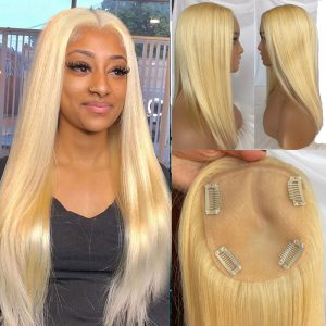 Human Hair Topper For Women Silk Base Closure 10A Virgin Brazilian Human Hair Clips Hair Topper Piano Colors Blonde 16inch Silk Straight Middle Part