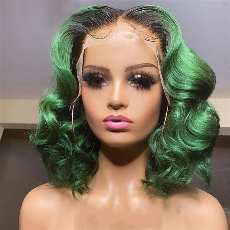 Body Wave Green Ombre Human Hair Wig Brazilian Remy Hair Green Highlight Lace Front Human Hair Wigs For Women Pre Plucked 150% - Image 2