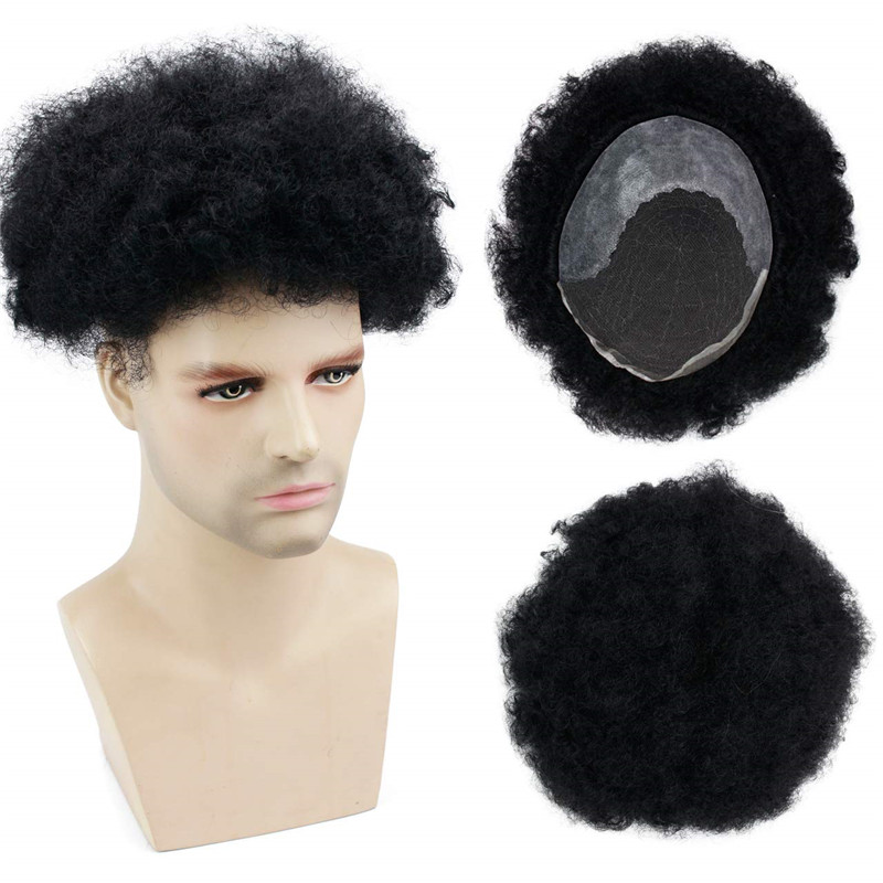 Human Hair Afro Curly Mens Toupee Hairpiece Wig Mono Base with Hard PU Reforced Color #1B Black 8x10 Men's Toupee Kinky Curly - Image 35