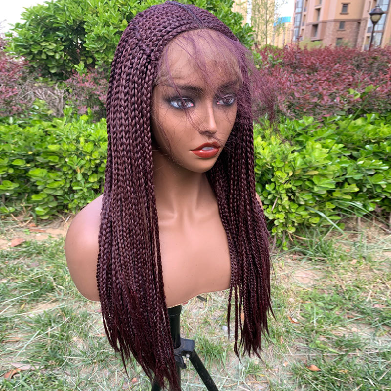 24 Inches 99J Red Wig Synthetic Braids Wigs 13X6 Lace Front Wig Middle Part Wig Parted Loc Braided Wigs With Curly Ends For Women - Image 2
