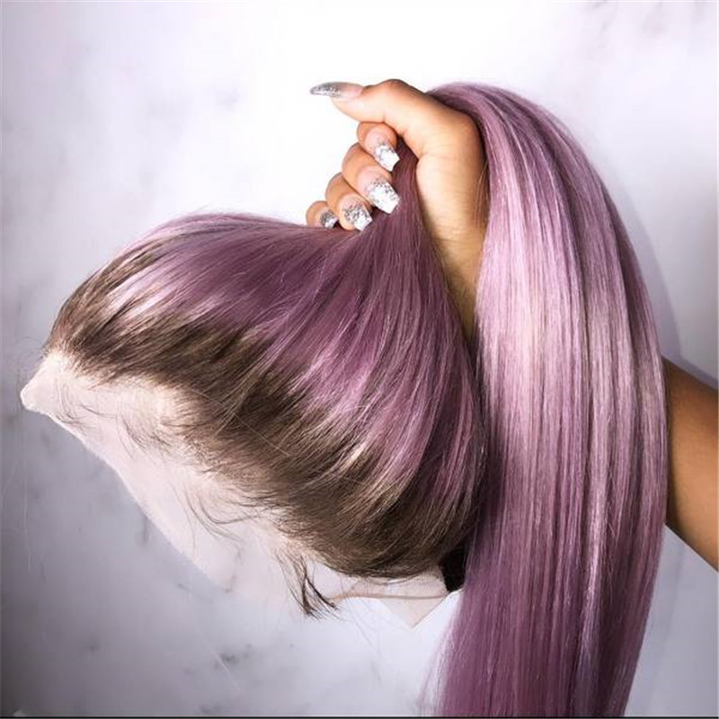 Human Hair Lilac Purple With Dark Root Straight Lace Front Wigs - Image 3