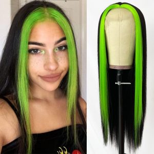 Alternative view of Green/ Black 150% Density Straight Lace Wig Lace Front Human Hair Wigs Skunk Stripe Wigs Brazilian Remy Hair Green Highlight Wigs For Women 8-28 inch