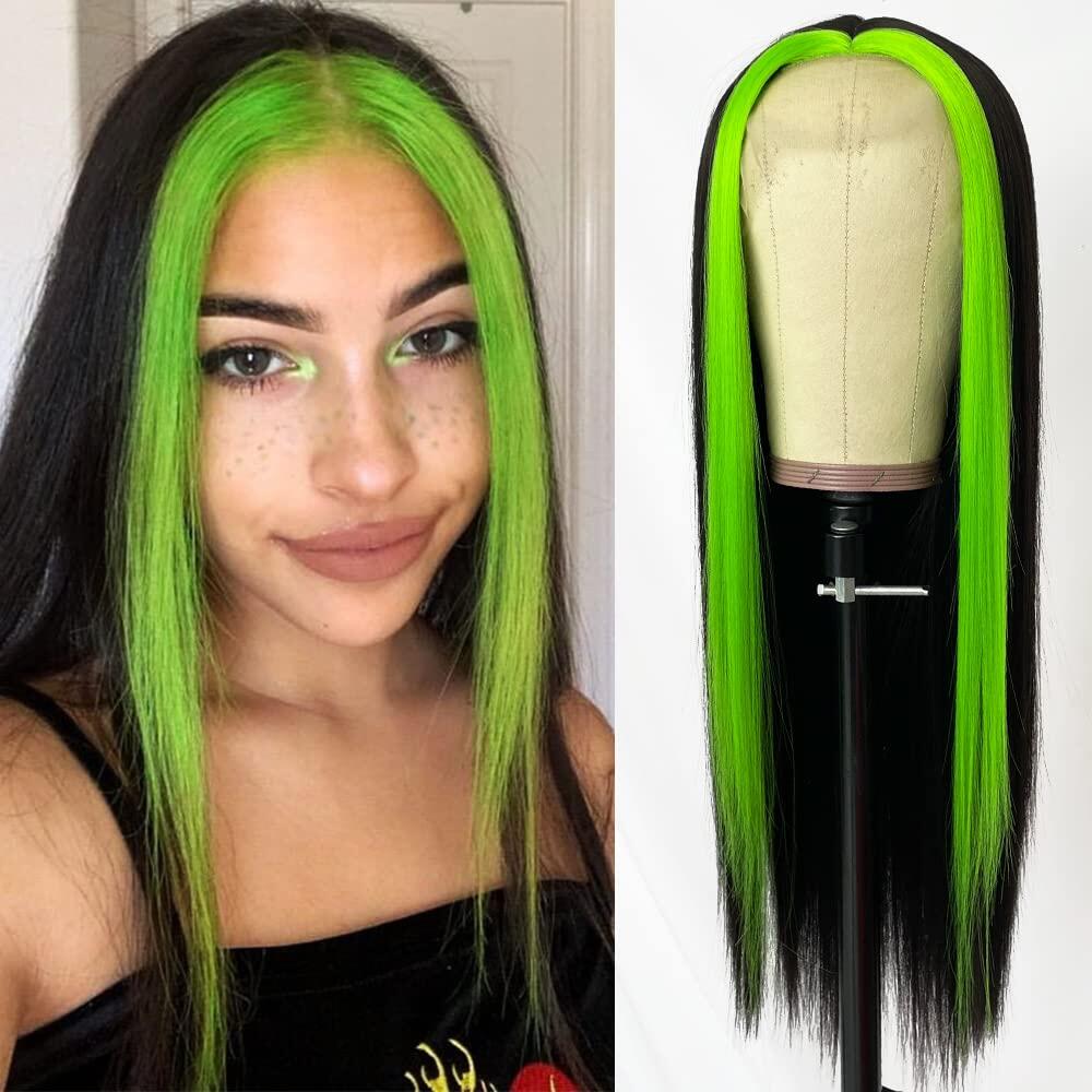 Green/ Black 150% Density Straight Lace Wig Lace Front Human Hair Wigs Skunk Stripe Wigs Brazilian Remy Hair Green Highlight Wigs For Women 8-28 inch - Image 2