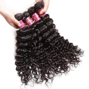 Alternative view of Brazilian Deep Wave Remy Hair 4x4 Lace Closure with Bundles, Unprocessed Human Hair Extensions Natural Color