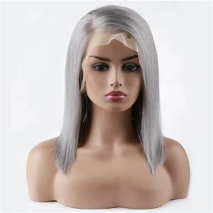 Human Hair Lace Front Bob Wig Silver Grey Straight Style - Image 3