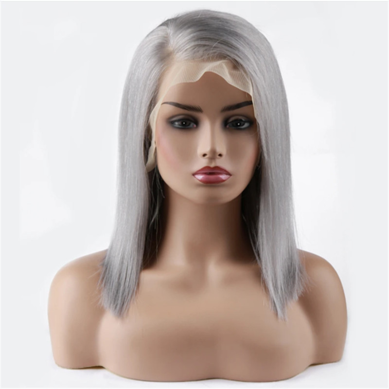 Human Hair Lace Front Bob Wig Silver Grey Straight Style - Image 3