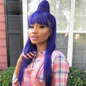 Virgin Peruvian Hair Purple Color Lace Front Wig With Bang