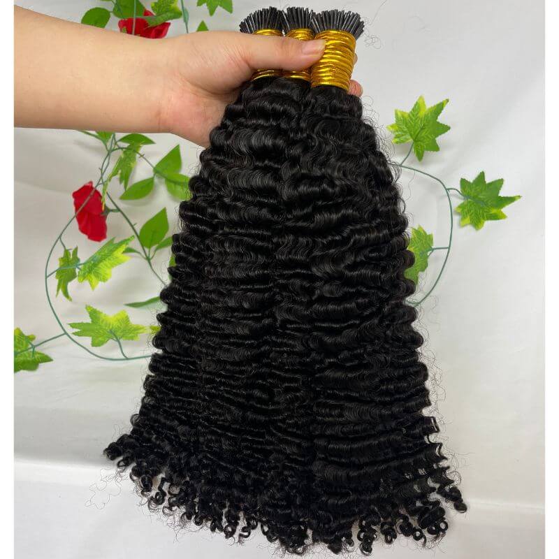 3B 3C Camodian Hair Kinky Curly Microlinks Human Hair Extensions Vrigin Hair Weave Bundles I Tip Hair Extensions Bulk Natural Black Color - Image 4