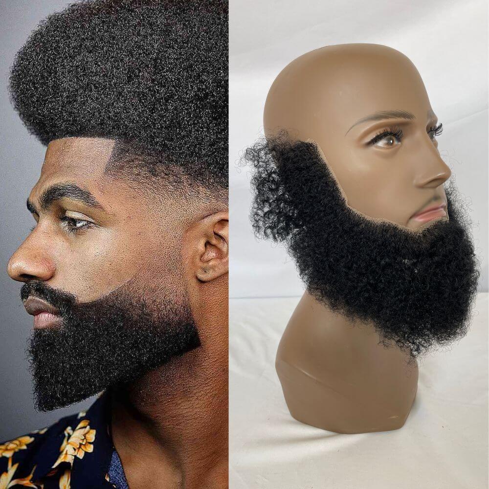 Pwigs Human Hair Lace Afro Curl Face Beard Mustache For American Black Men Realistic Makeup Lace Base Replacement System