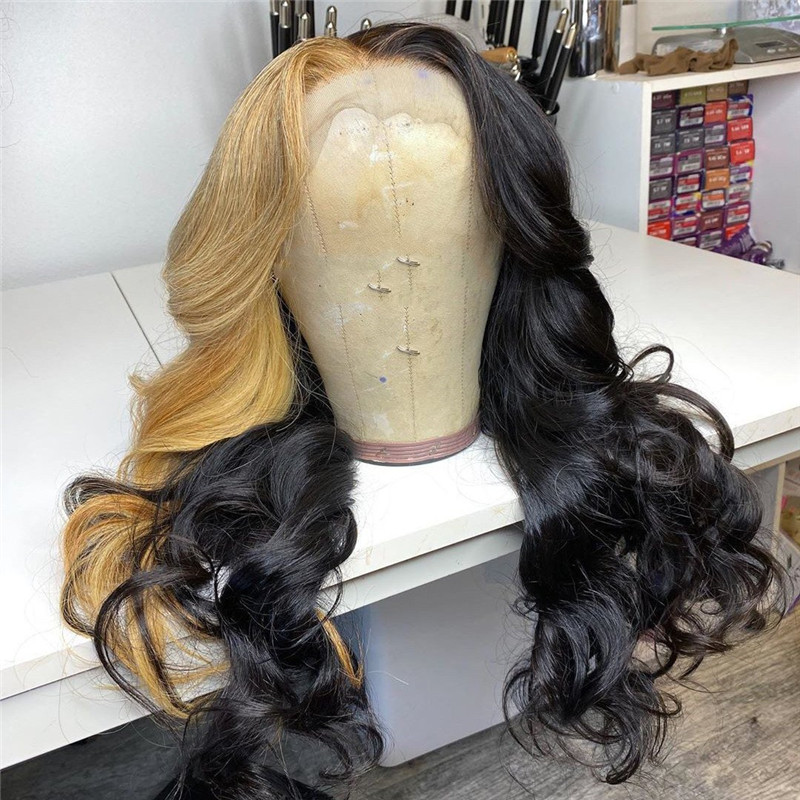 Human Hair Half Black Half Blond Color Lace Front Wig