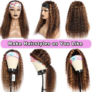 Curly Ombre Headband Wigs Human Hair Wig for Black Women P4/27 Black with Auburn Highlights Water Wave Wigs None Lace Front Attached Machine Made Wigs - Image 3