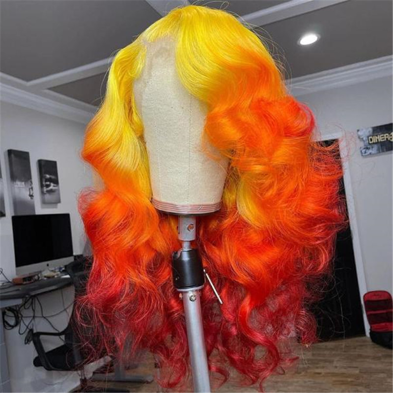 Peruvian Hair Yellow Orange Red Ombre Color Lace Front Wig - Image 3