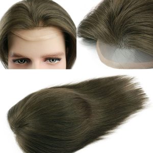Color #6 French Lace Men Toupee For Men Mono Hair System Bleached and tiny Knots Hair Replacement