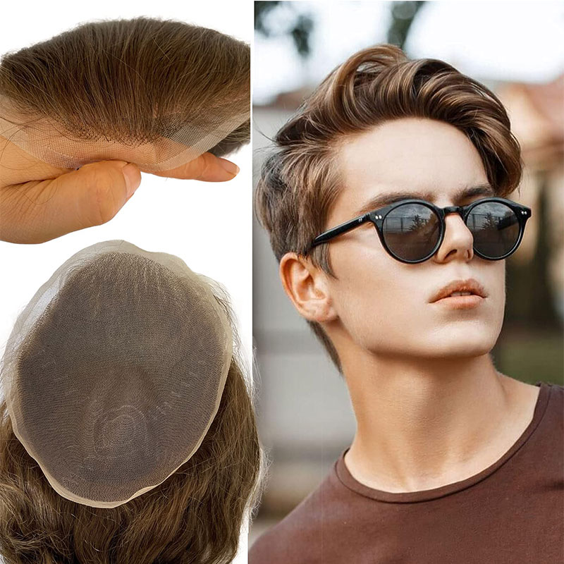 Pwigs Hairpiece Full French Lace Mens Toupee Bleached Knots Men Toupee Human Hair Wig Indian Remy Hair System Breathable 8x10 Toupee 18# Color - Image 39