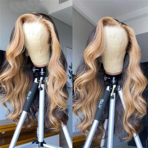 150% Density Wavy Wig Lace Front Human Hair Wigs Brazilian Remy Hair #27 Honey Blonde Highlight Wigs For Women 8-26inch - Image 4