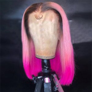 Pink Short Bob Wig Preplucked Lace Part Wig Glueless Brazilian Remy Ombre Human Hair Wig Transparent Lace Wigs For Women 150