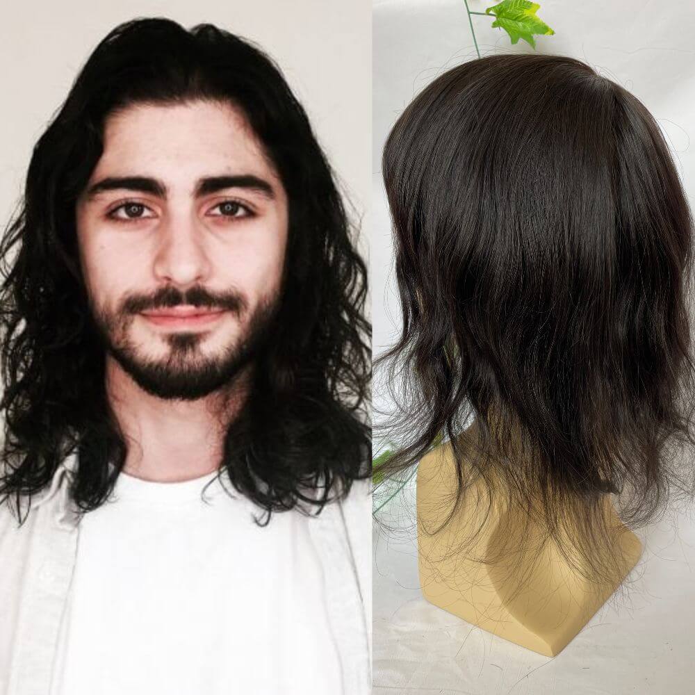 Pwigs Toupee for Men Full Thin Skin PU Cap Base 12inch Long European Human Hair Men Toupee Natural Hairline Hair System 613 Blonde Brown 1B Color Men Wigs - Image 3