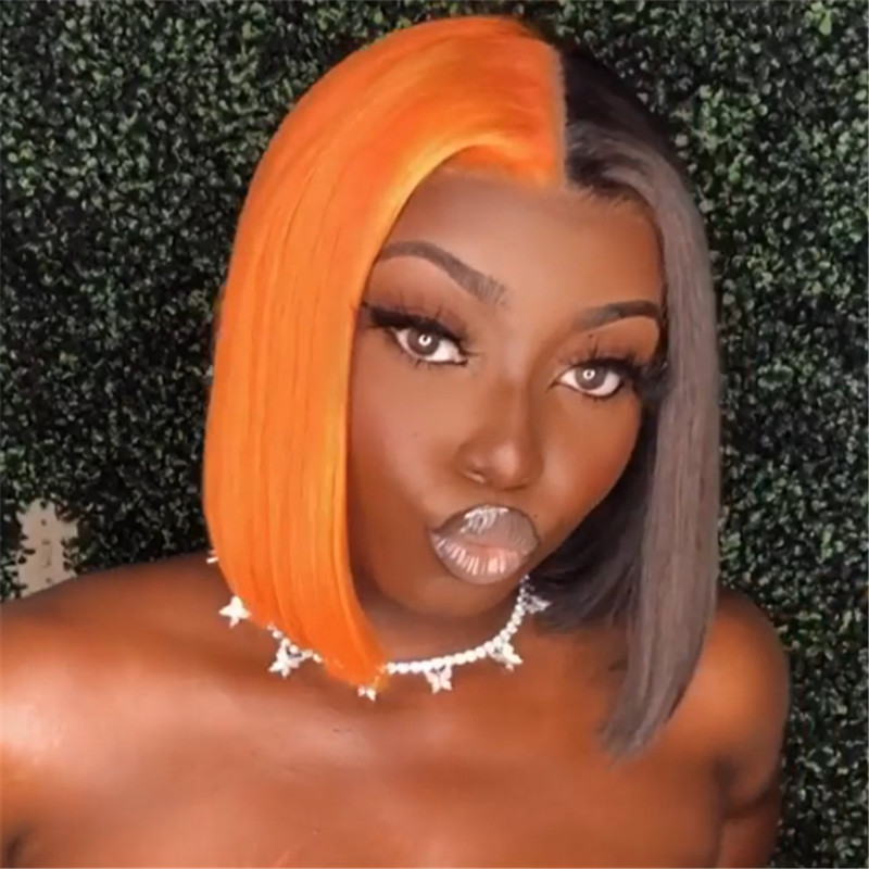 Human Hair Half Orange Half Black Lace Front Bob Wig - Image 2