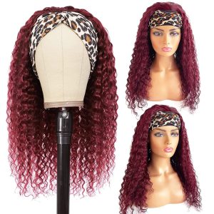 Highlights Headband Wig Human Hair Curly None Lace Front Wigs Deep Wave Natural Human Hair Wig Headband Attached Balayage Black with Auburn Highlights - Image 2