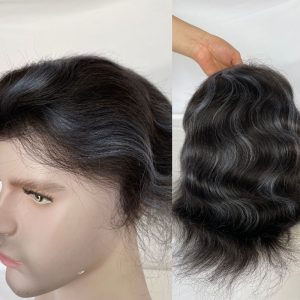 Pwigs Mens Toupee Thin Skin PU Base 1B Highlight Blue Hairpiece 100% European Human Hair Toupee for Men Natural Hairline 8x10 - Image 3