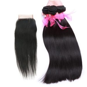 Alternative view of Straight Hair Bundles with Lace Closure  Grade 9A Unprocessed Straight Peruvian Hair 3 Bundles and 4x4 Free Part Closures Natural Color