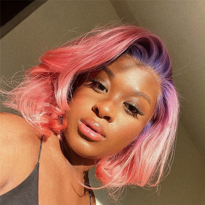Purple Pink Lace Font Wig Human Hair Brazilian Short Bob Human Hair Wigs Straight Ombre Colored Transparent Lace Wigs 150%