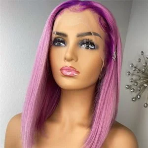 Alternative view of Purple Pink Ombre Lace Front Wig Straight Bob Wigs For Women Brazilian Remy Transparent Lace Wigs 1B/Pink Colored Bob Wig 150%