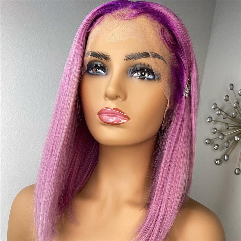 Purple Pink Ombre Lace Front Wig Straight Bob Wigs For Women Brazilian Remy Transparent Lace Wigs 1B/Pink Colored Bob Wig 150% - Image 2