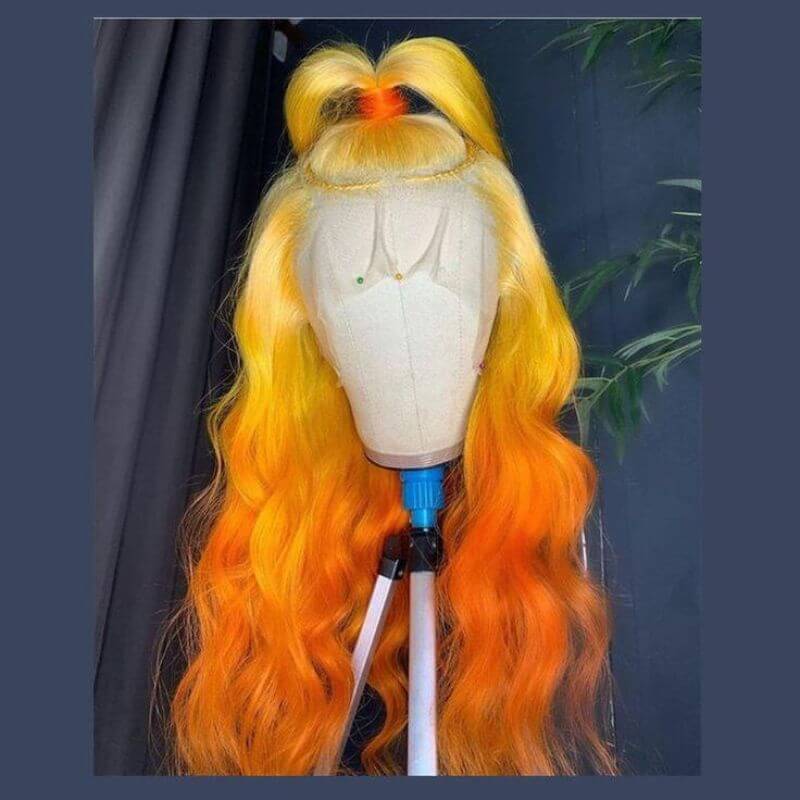Orange Ombre Yellow Lace Front Wig Remy Indian Hair Colored Human Hair Wigs For Women Body Wave
