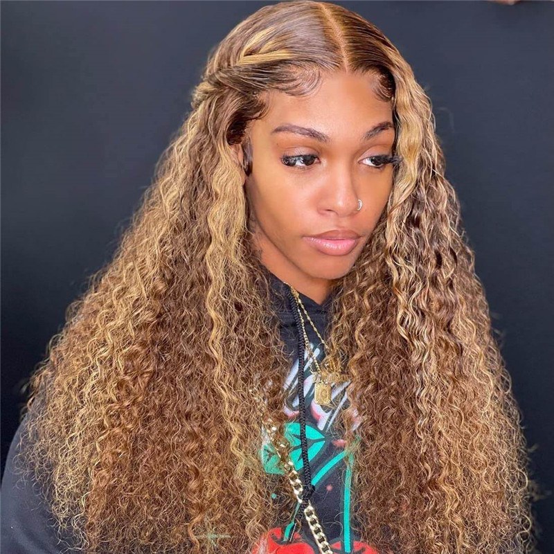 4/27 Curly Highlight Hd Lace Front Human Hair Wigs Pre Plucked Color Wig For African American
