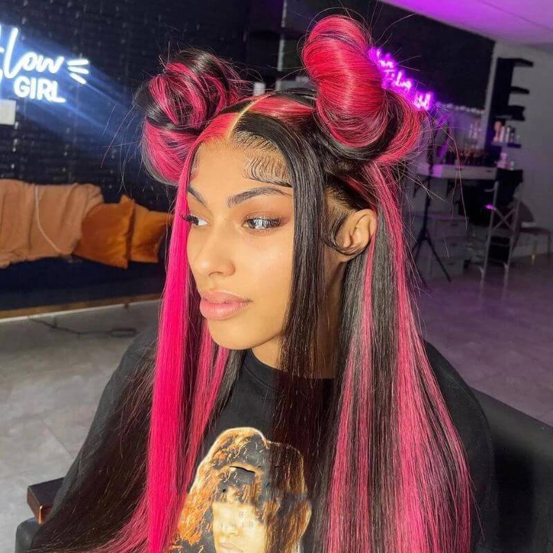 Ombre Pink and Natural Black Highlight Wigs Skunk Stripe Wigs HD Lace Front Wig Human Hair Brazilain Wigs Pre Plucked Straight Glueless Wig 150% Density Medium Cap