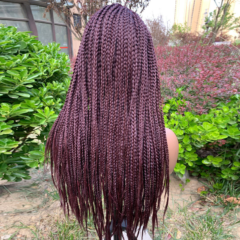 24 Inches 99J Red Wig Synthetic Braids Wigs 13X6 Lace Front Wig Middle Part Wig Parted Loc Braided Wigs With Curly Ends For Women - Image 3