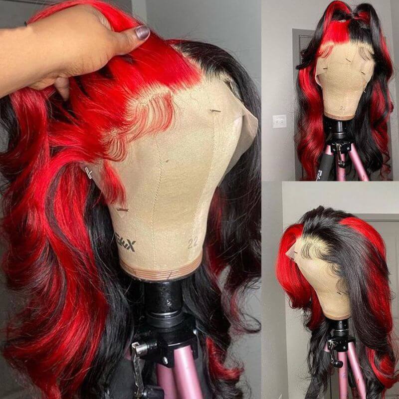 Ombre Wigs Human Hair Red Ombre With Dark Root Lace Frontal Wig Half Wigs Highlight Body Wave Human Hair Brazilain Wigs Pre Plucked Glueless Wig 150% Density Medium Cap