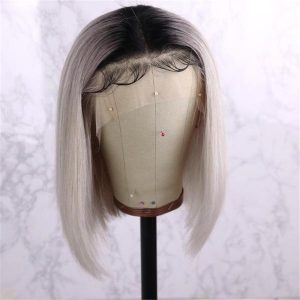 Human Hair Silver Grey With Dark Root Lace Front Bob Wig