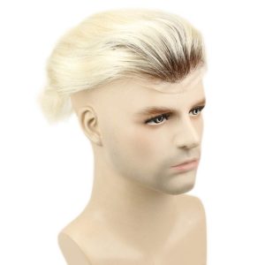 Ombre T60 Platinum Blonde and Black 6-7 Inch 100% Human Hair Men's Toupee Super Thin Mono Lace with PU Around Ombre Blonde 60 Color10" x 8" Toupee - Image 4
