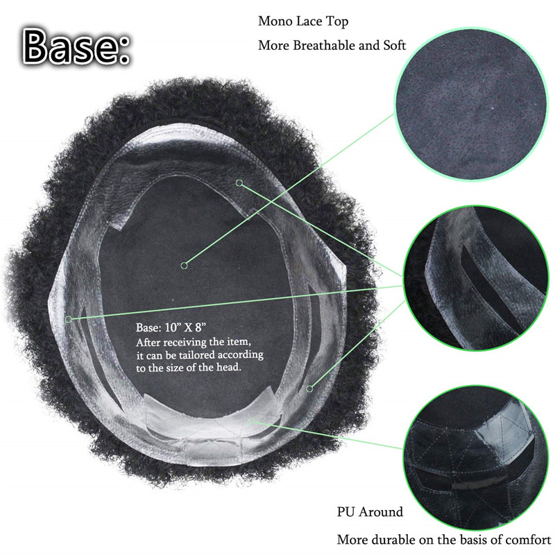 Human Hair Afro Curly Mens Toupee Hairpiece Wig Base with Hard PU Reforced Size 10x8 inch #1B Off Black - Image 18
