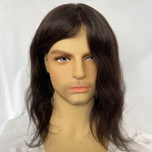 12inch  Full Skin Pu Base Long Human Hair Men Toupee Natural Hairline Men Toupee Silky Straight Wave 8x10 #2 Dark Brown Color Men Wigs