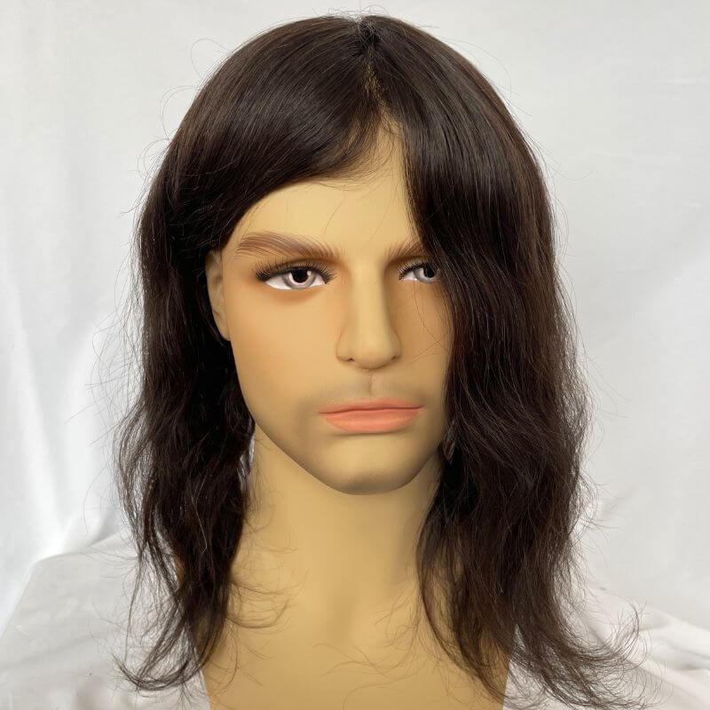 12inch Full Skin Pu Base Long Human Hair Men Toupee Natural Hairline Men Toupee Silky Straight Wave 8x10 #2 Dark Brown Color Men Wigs