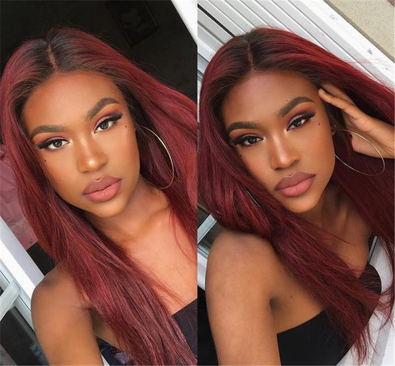 Peruvian Hair Brick Red Wtih Dark Root Straight Lace Front Wigs - Image 2